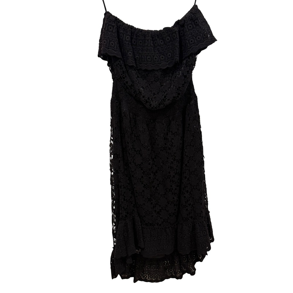 Meghan Los Angeles Black Eyelet Lace Off Shoulder High Low Smocked Dress